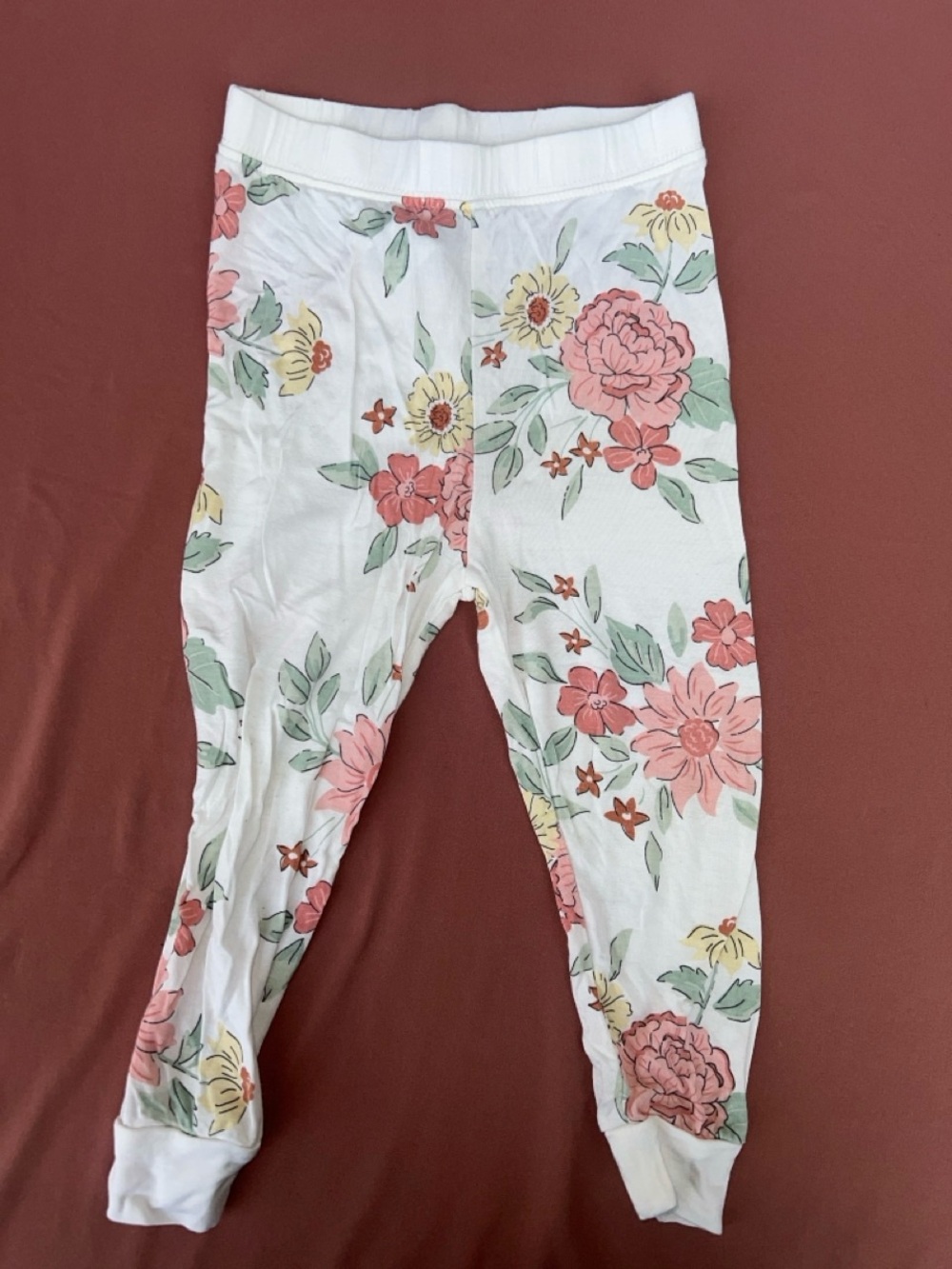 Girls White Floral Pajama Bottoms with Pink and Yellow Blooms